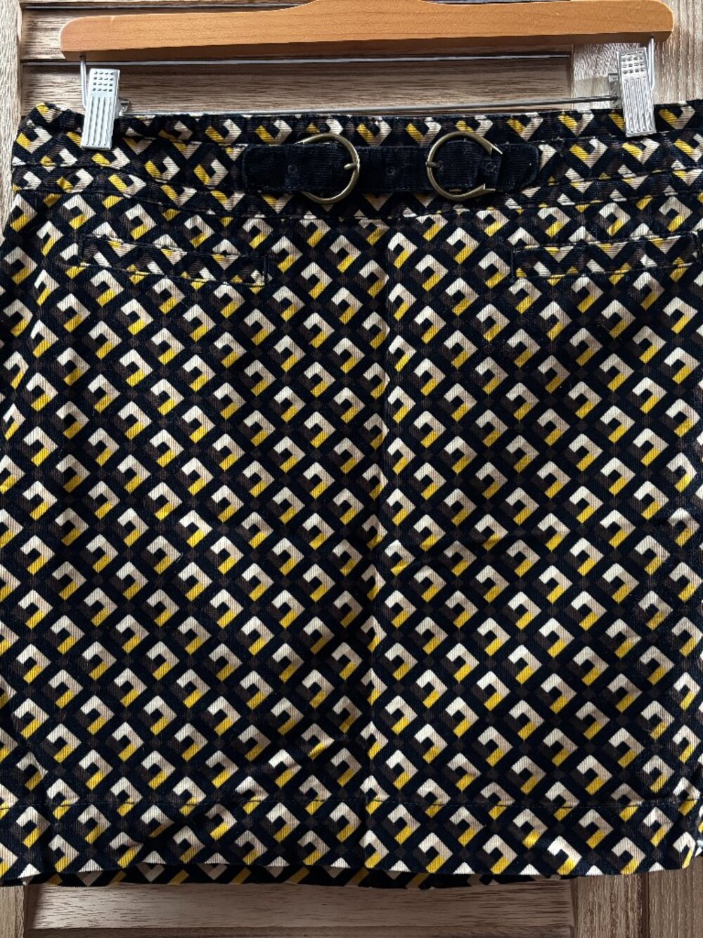LOFT Ann Taylor Black & Yellow Geometric Corduroy Mini Skirt Size 6 Side Zip